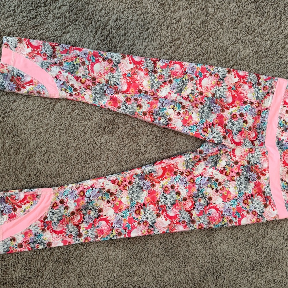 LuluLemon Floral Patterned Leggings with Pink Accents